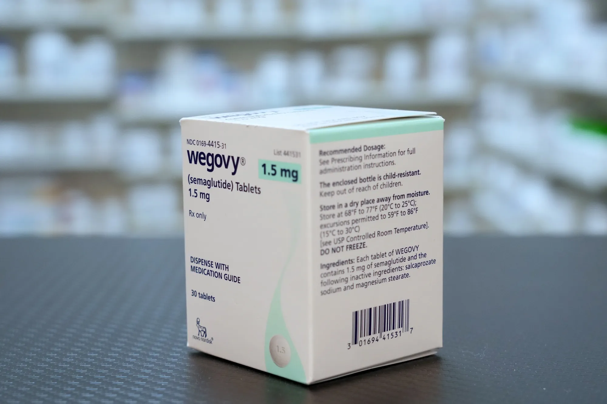 A box of Wegovy pills arranged at a pharmacy in Provo, Utah.