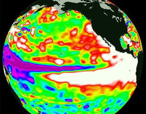 A satellite image taken in November 1997 and released by the Jet Propulsion Laboratory and NASA shows an El Nino weather pattern.