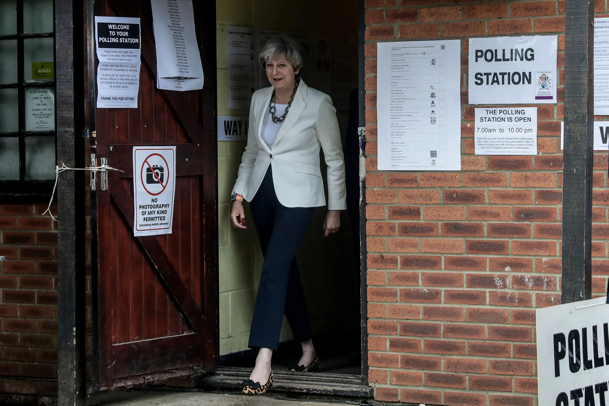 Theresa May leaves after casting her vote in the general election at a polling station in Sonning, U.K.
