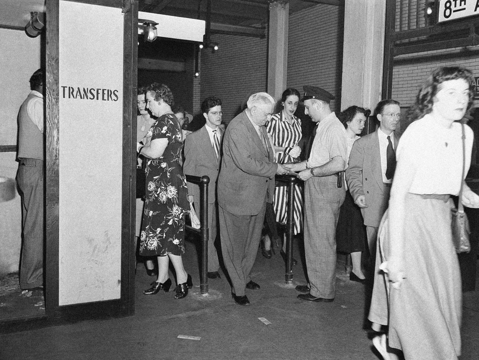 The first day of New York City's 10-cent subway fare, July 1, 1948. Fares were simpler then but transfers needed to be dispensed by hand.