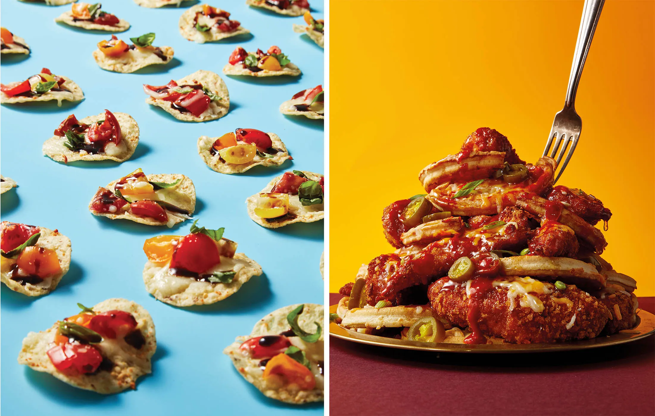 Caprese nachos (left) and, chicken + waffle&nbsp;“nachos.”