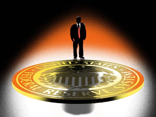 Illustration showing a silhouette of Donald Trump standing before a Federal Reserve seal 