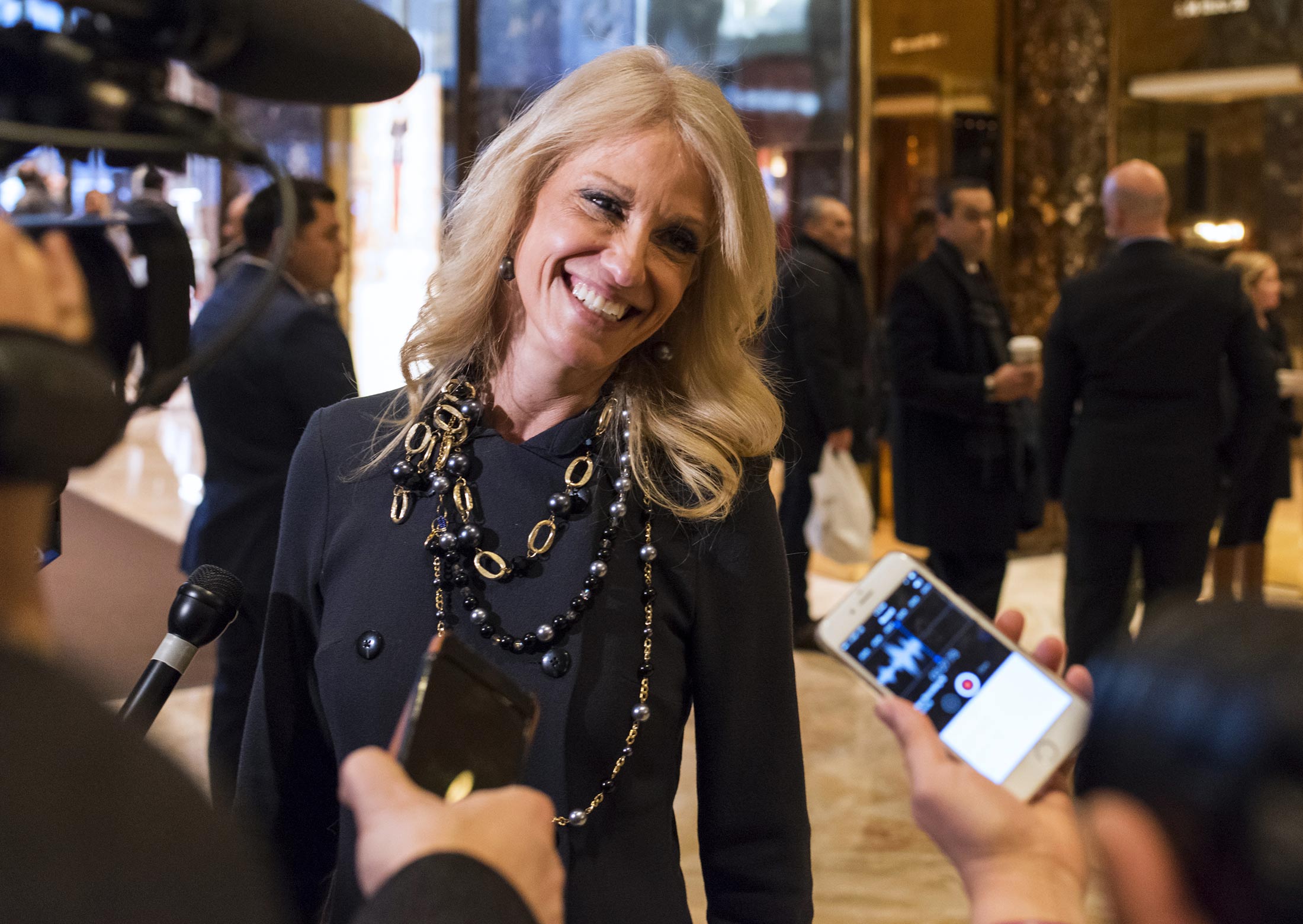 Kellyanne Conway, senior adviser to U.S. President-elect Donald Trump, speaks to members of the media in the lobby of Trump Tower in New York, on Dec. 15.
