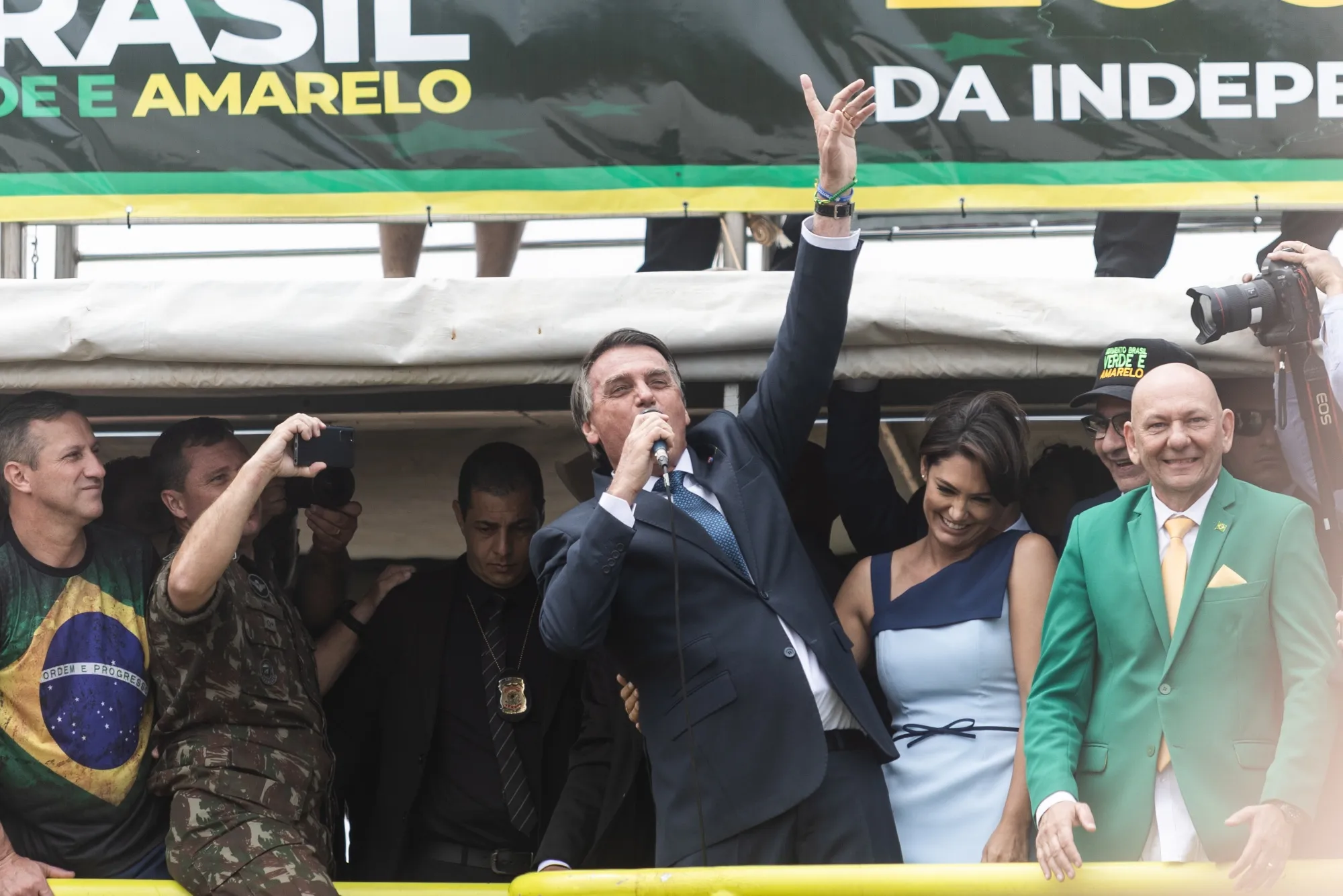 Jair Bolsonaro, Brazil's president, speaks after an Independence Day military parade in Brasilia on Sept. 7