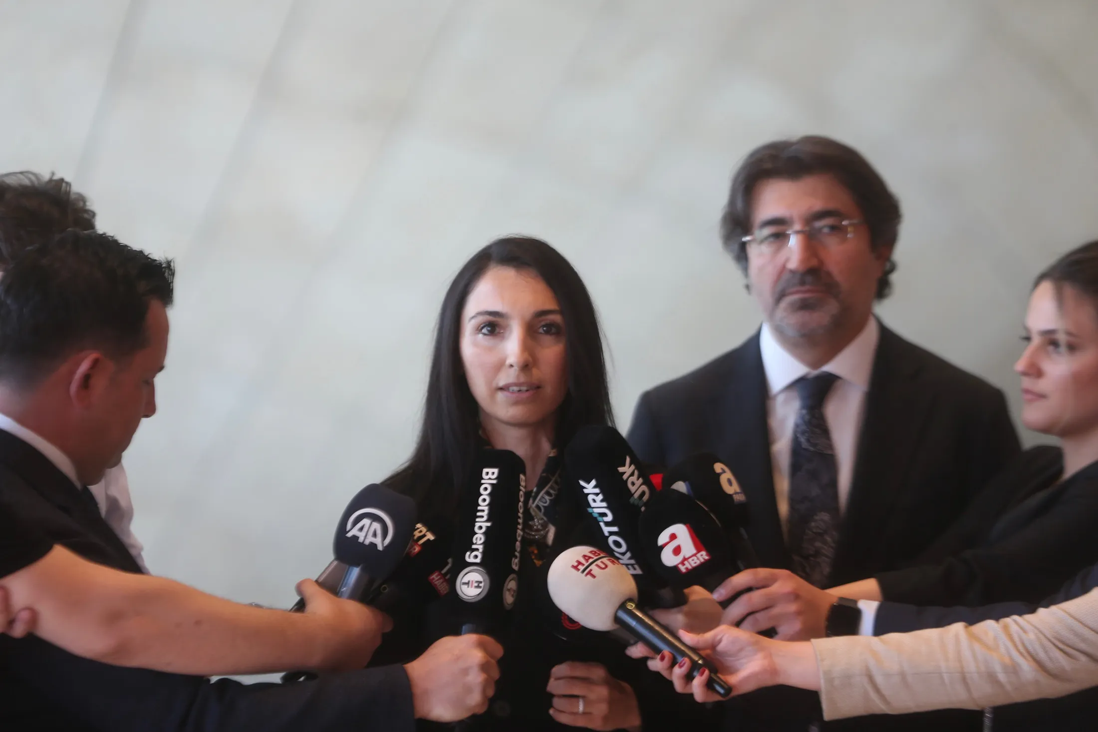 Turkish Central Bank Governor Hafize Gaye Erkan&nbsp;speaks to the press in Istanbul, Turkey,&nbsp;on June 23.