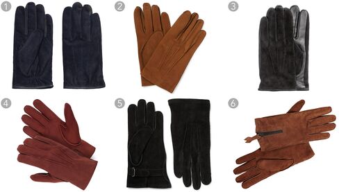 (1) Classic suede gloves, Gant $140, gant.com; (2) Scritto embossed nubuck gloves, Berluti $700, mrporter.com; (3) suede gloves, H&M $29.99, hm.com; (4) suede gloves in rust, Suit Supply $89, suitsupply.com; (5) suede gloves, Our Legacy $170, mrporter.com; (6) goat suede zip gloves, John Varvatos $298, johnvarvatos.com.