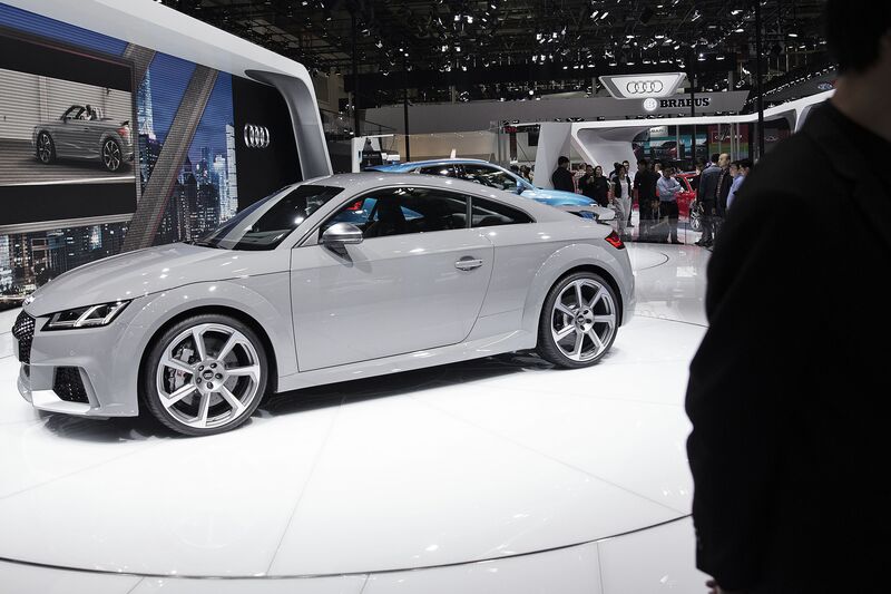 An Audi AG TT RS coupe stands on display at the Beijing International Automotive Exhibition.