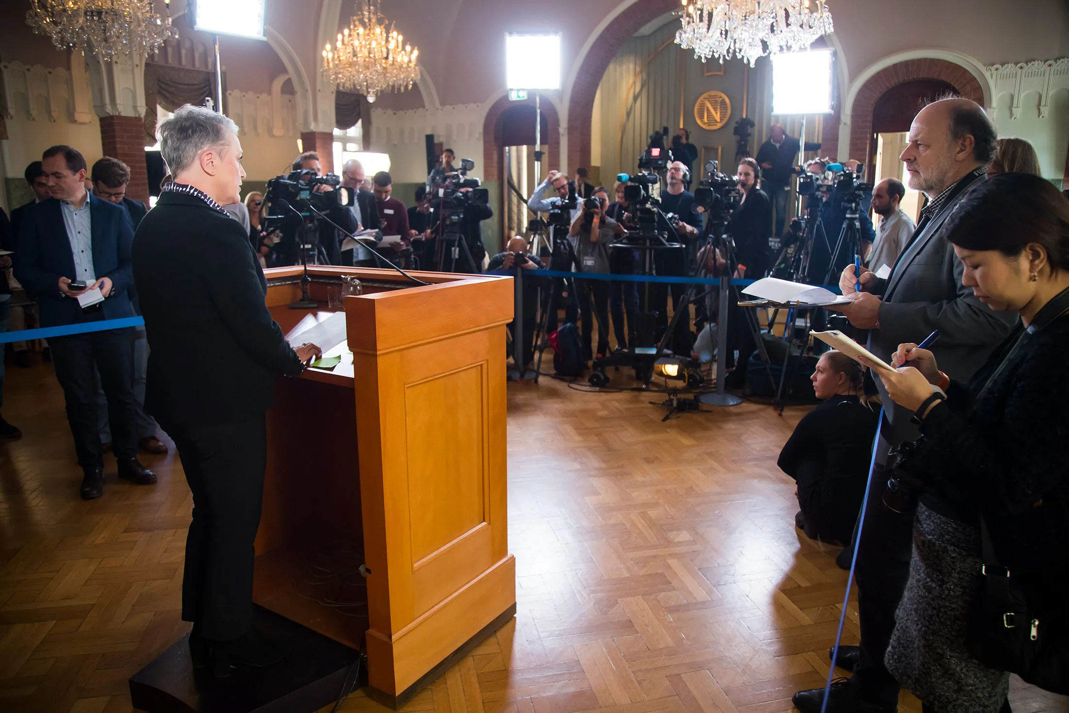 Norwegian Nobel Committee chair Berit Reiss-Andersen announces the 2017 Nobel Peace Prize winner as The International Campaign to Abolish Nuclear Weapons on Oct. 6.
