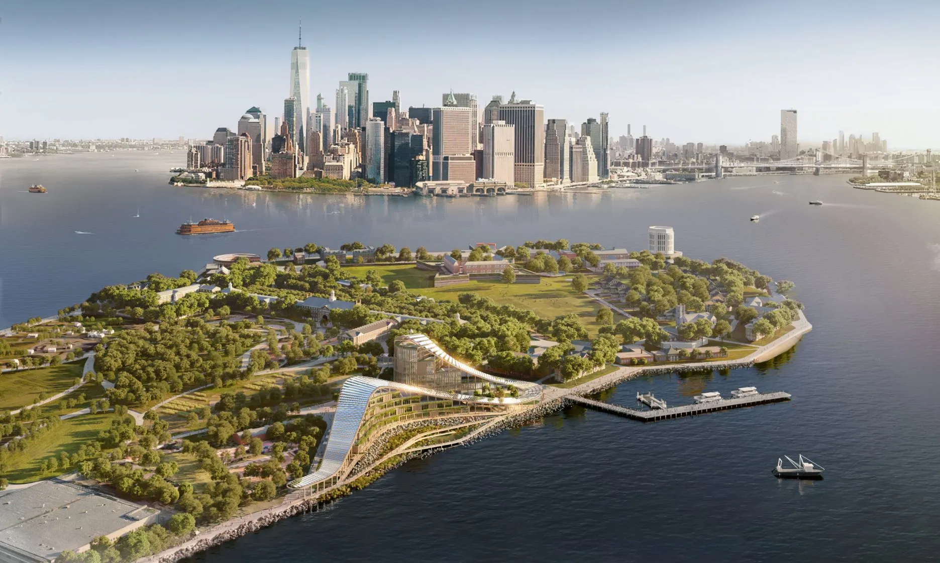 A&nbsp;rendering&nbsp;of Governors Island with the New York Climate Exchange, a campus for climate research, education and jobs.&nbsp;