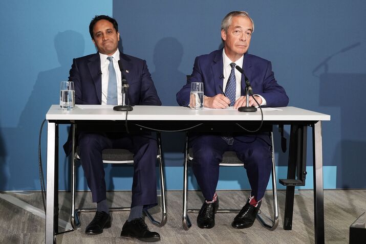 Reform UK home affairs spokesperson Zia Yusuf, left, and Nigel Farage on April 20.