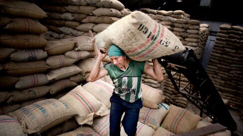 A coffee in a co-op warehouse in Manizales, Colombia.