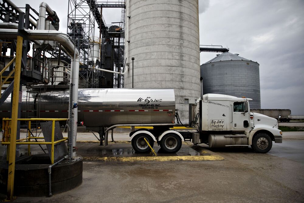 A tanker truck sits outside anÂ ethanol biorefinery in Gowrie, Iowa.