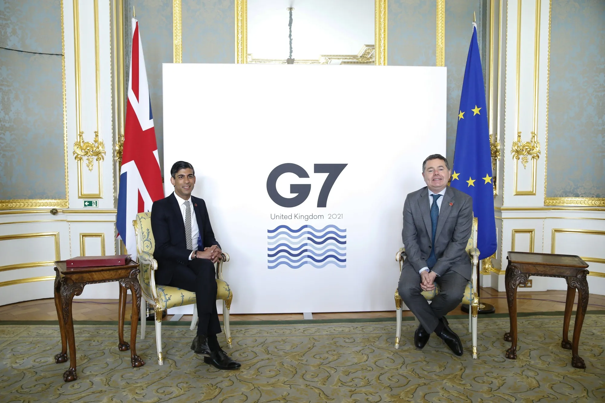Rishi Sunak, U.K. Chancellor of the Exchequer, left, with Paschal Donohoe at the&nbsp;Group of Seven Finance Ministers summit in London, on June 5.