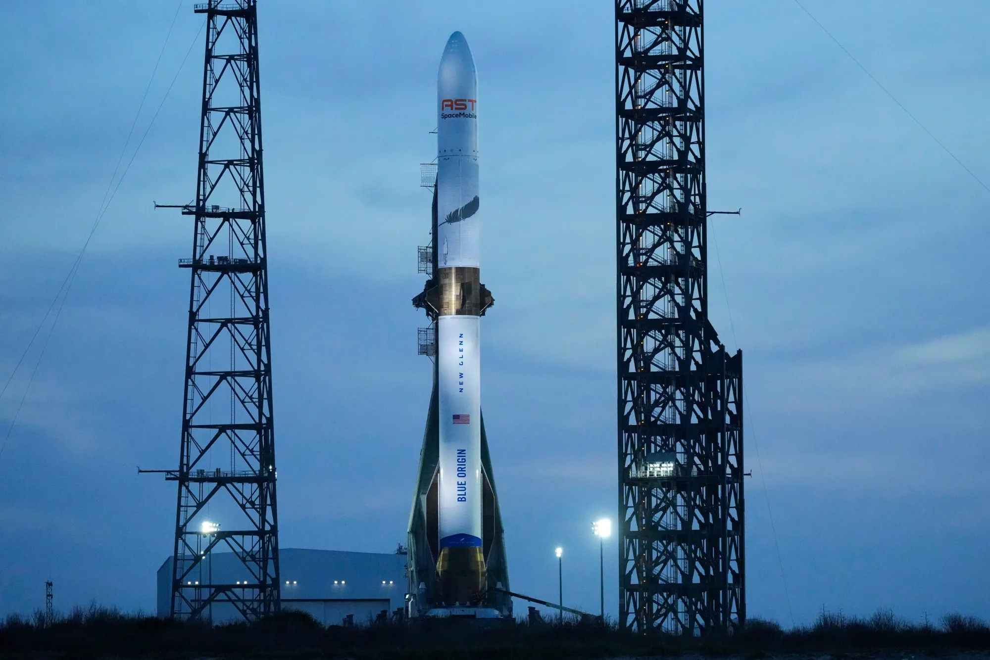 The Blue Origin New Glenn rocket stands ready for launch at the Cape Canaveral Space Force station in Cape Canaveral, Fla., on April 18.