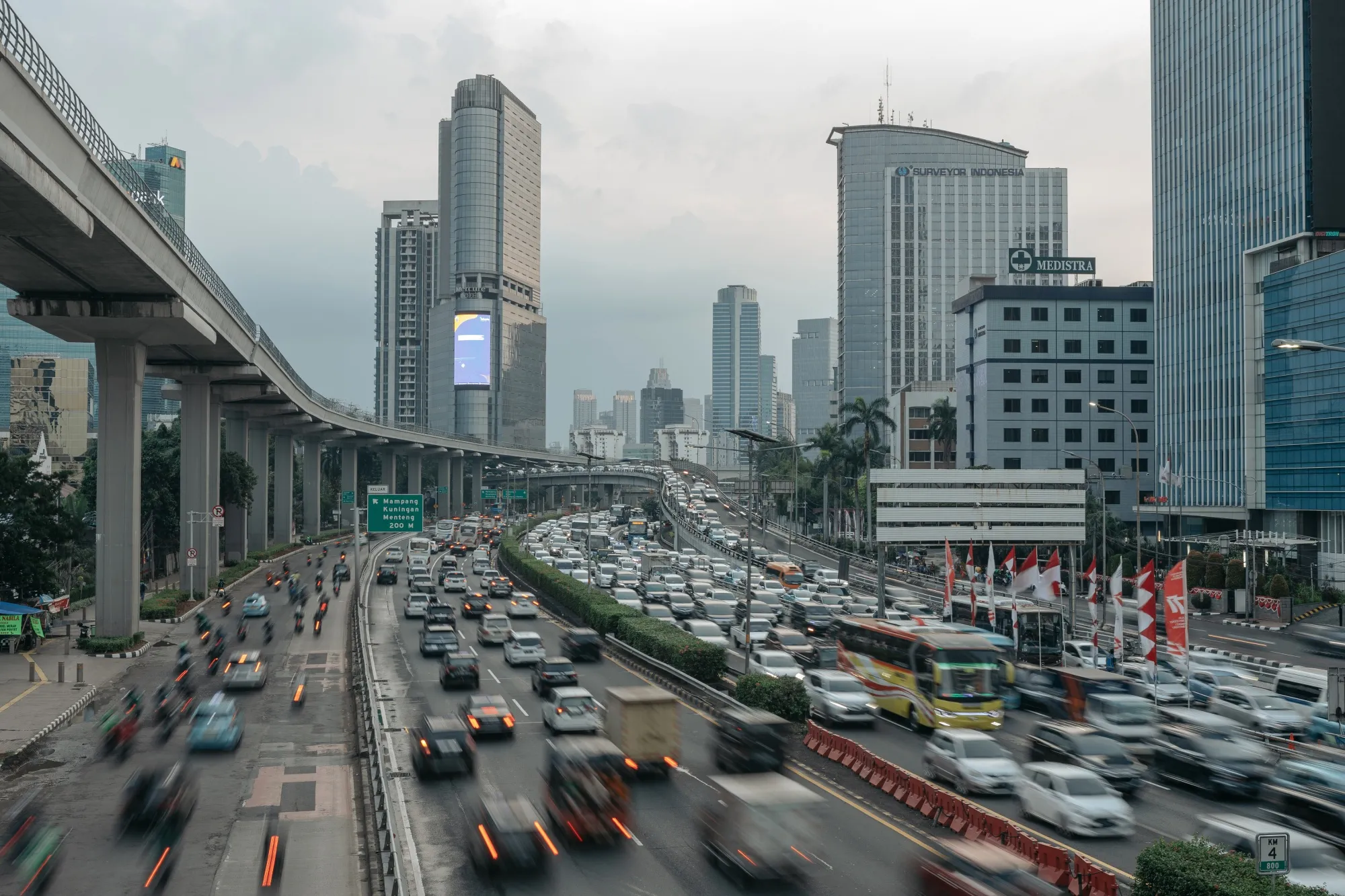 Heavy traffic on highways at Tegal Parang, South Jakarta, Indonesia.