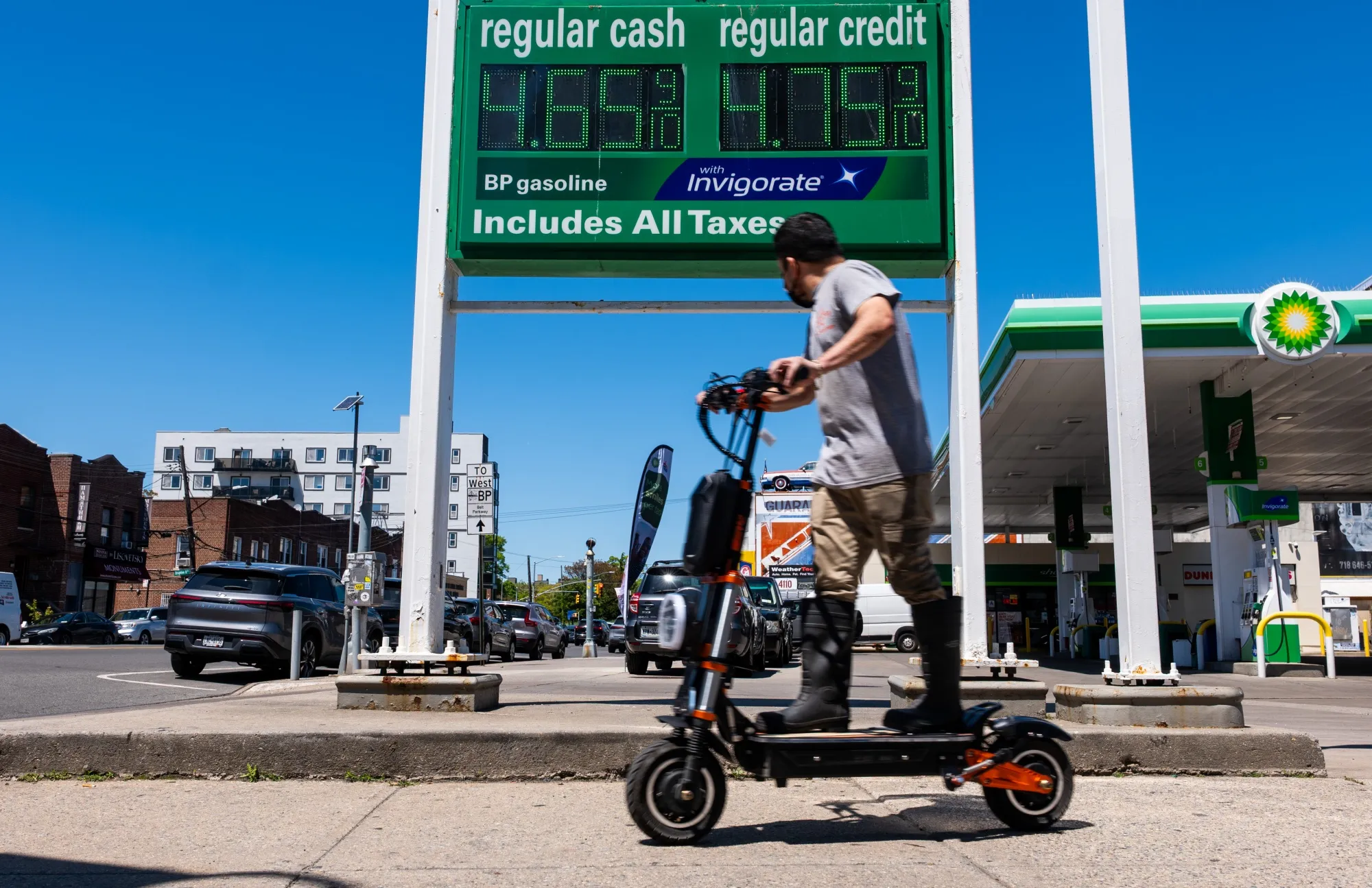 Gas prices are displayed in Brighton Beach in Brooklyn on May 12, 2026, in New York City.