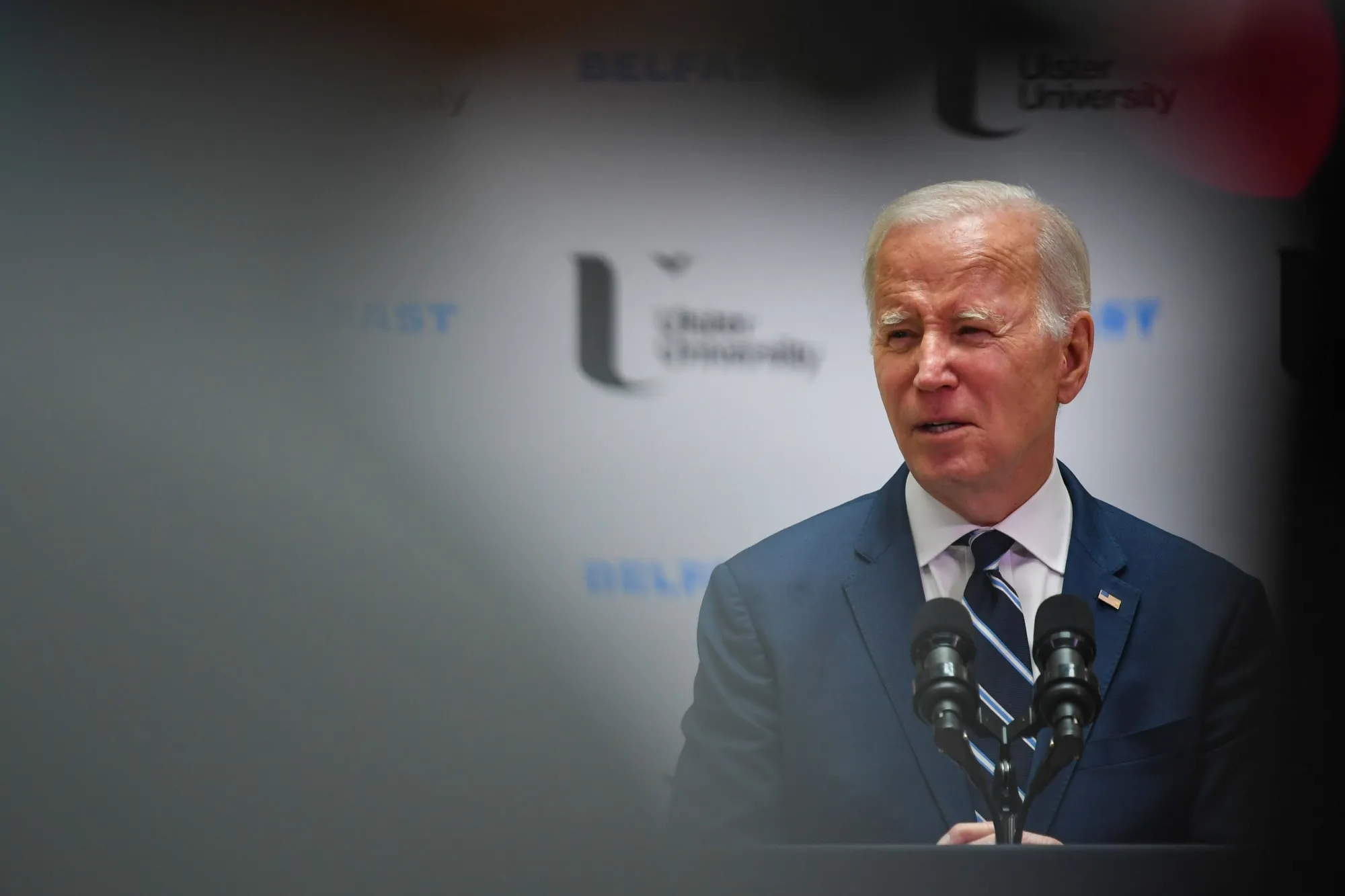 Joe Biden delivers a speech at Ulster University in Belfast, Northern Ireland, on April 12, 2023.