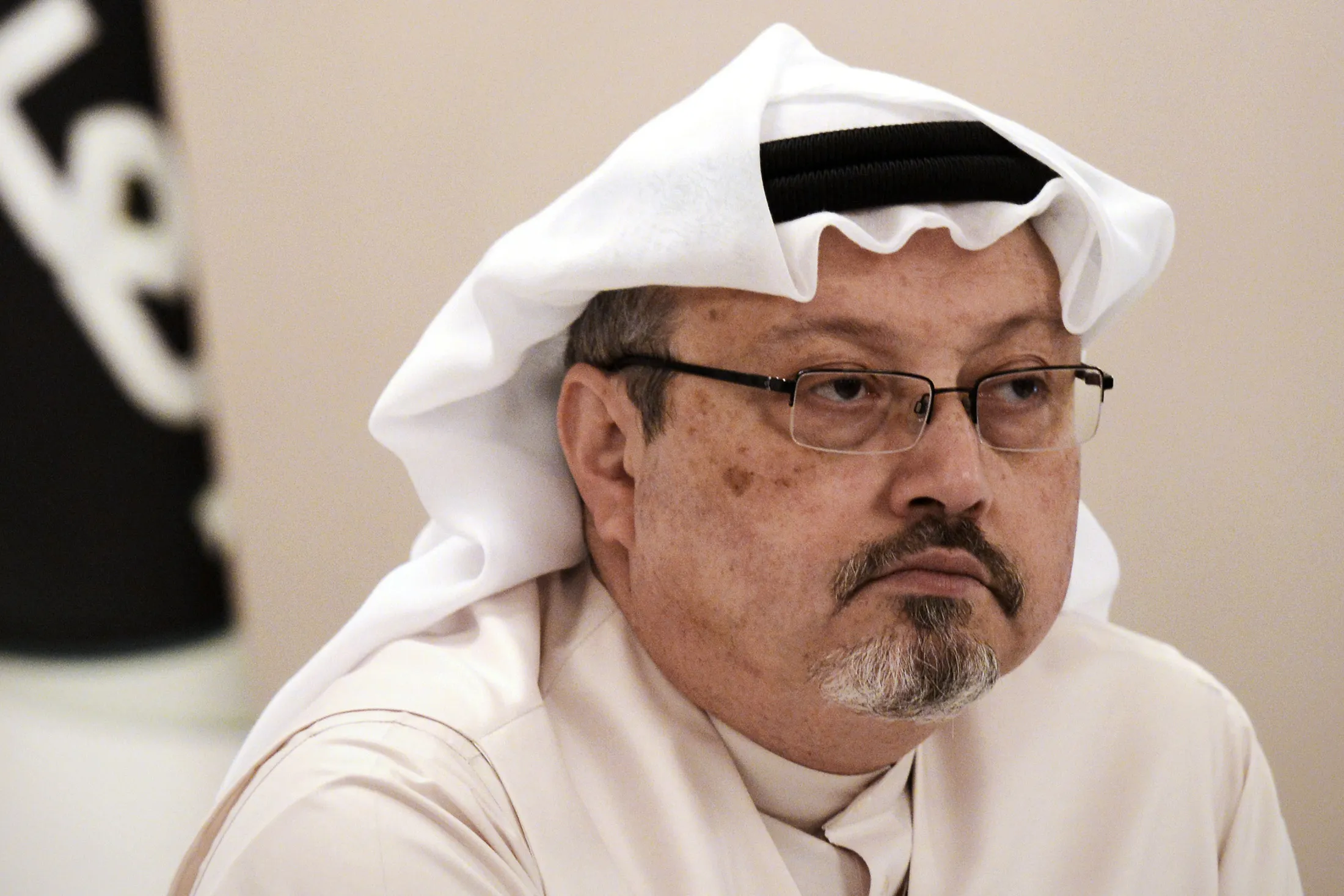 A general manager of Alarab TV, Jamal Khashoggi, looks on during a press conference in the Bahraini capital Manama, on December 15, 2014. The pan-Arab satellite news broadcaster owned by billionaire Saudi businessman Alwaleed bin Talal will go on air February 1, promising to "break the mould" in a crowded field.AFP PHOTO/ MOHAMMED AL-SHAIKH (Photo credit should read MOHAMMED AL-SHAIKH/AFP/Getty Images)