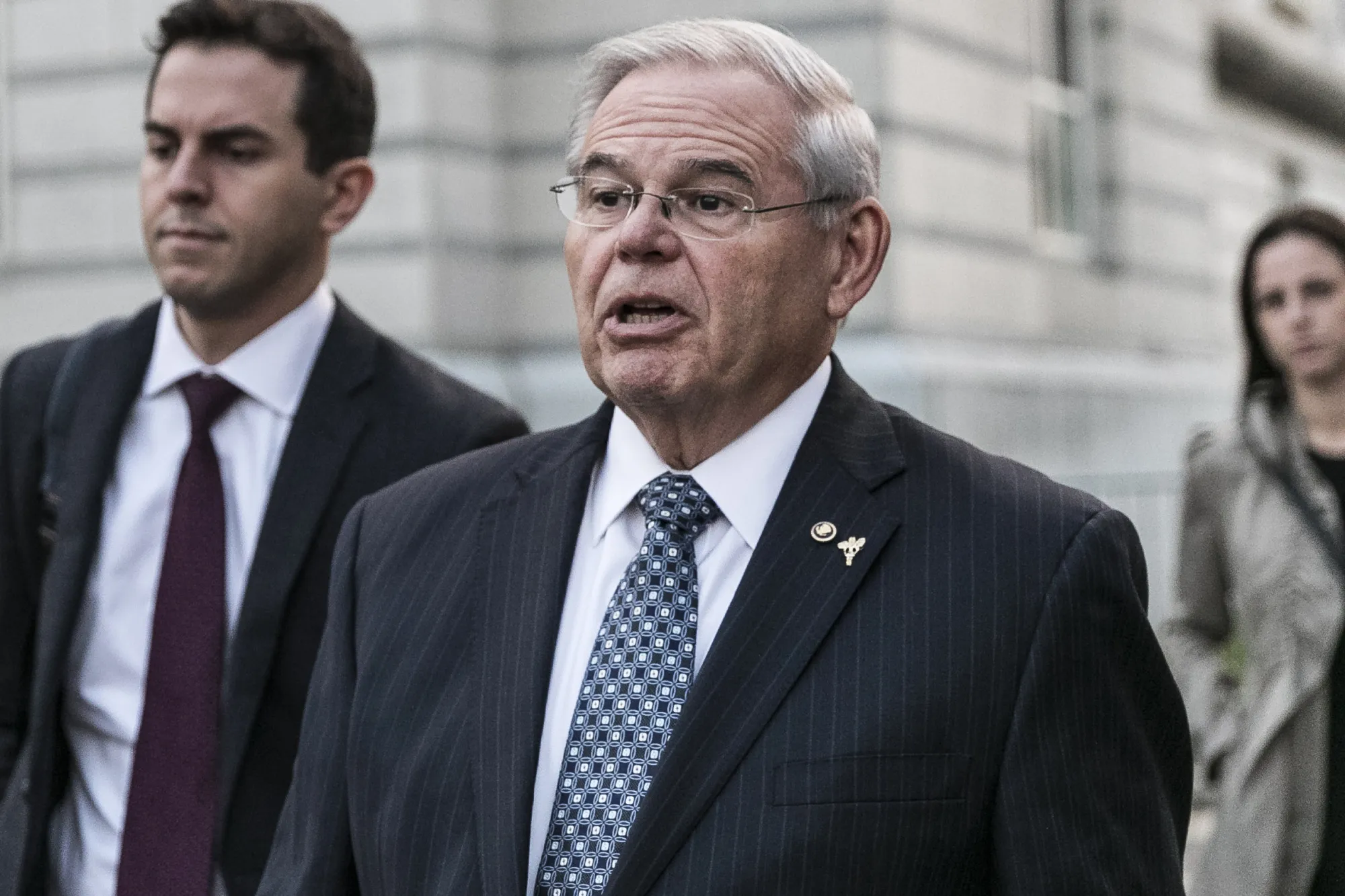 Robert Menendez exits federal court in Newark, New Jersey, on Nov. 6, 2017.&nbsp;