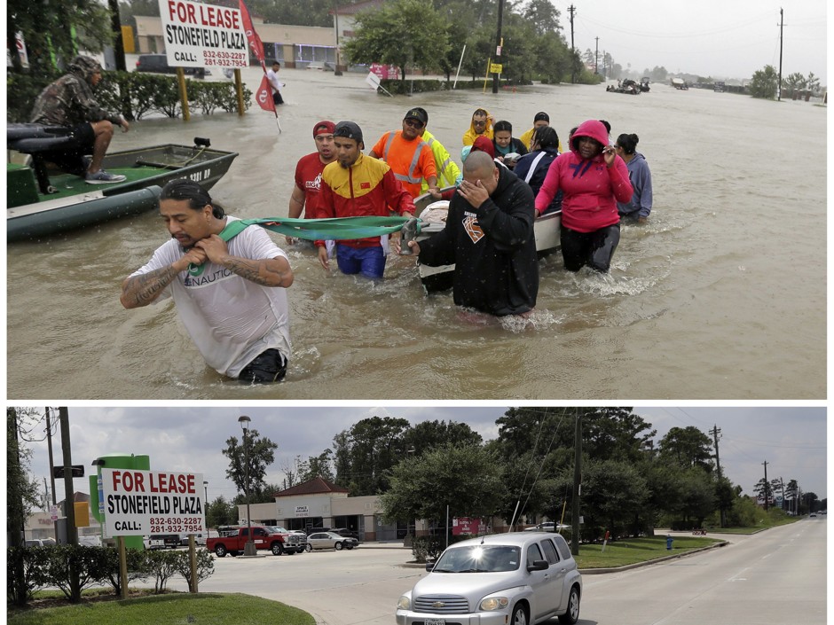 In this photo combination, evacuees wade down Tidwell Road in Houston on August 28, 2017, top, as floodwaters from Tropical Storm Harvey rise, and a car drives down the same road on September 5, bottom, after the water receded.