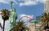 The Statue of Liberty replica in Las Vegas, Nevada wears a mask on Aug. 29.