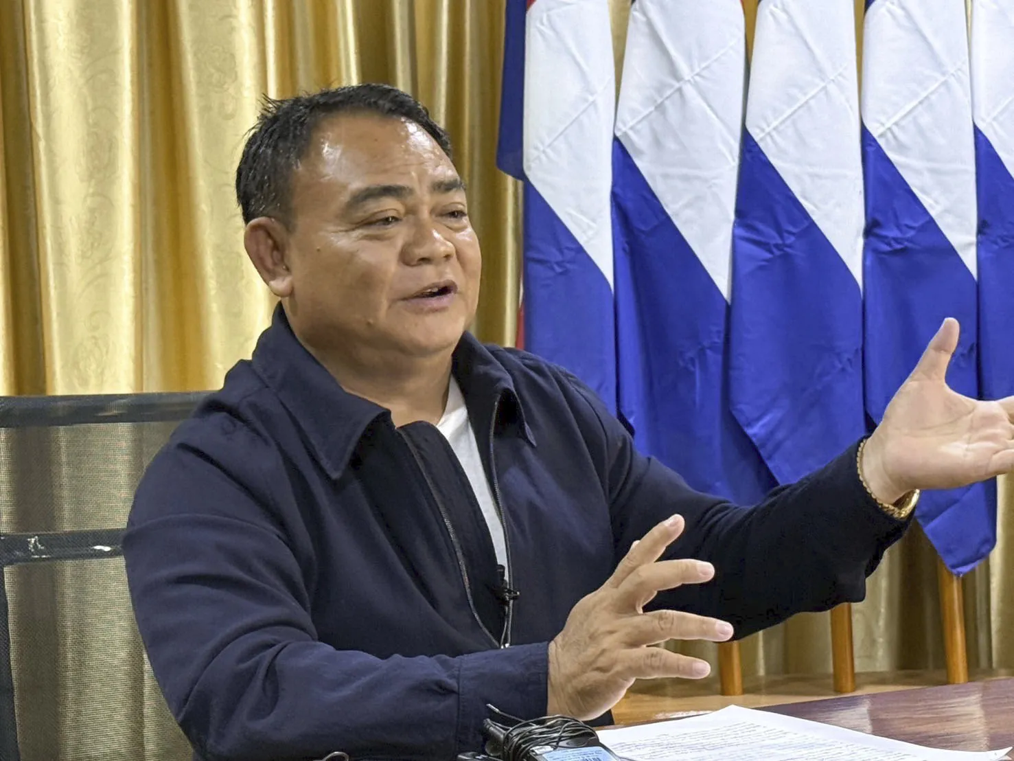 Saw Chit Thu&nbsp;speaks to reporters in Myawaddy, Myanmar, on Feb. 17.&nbsp;