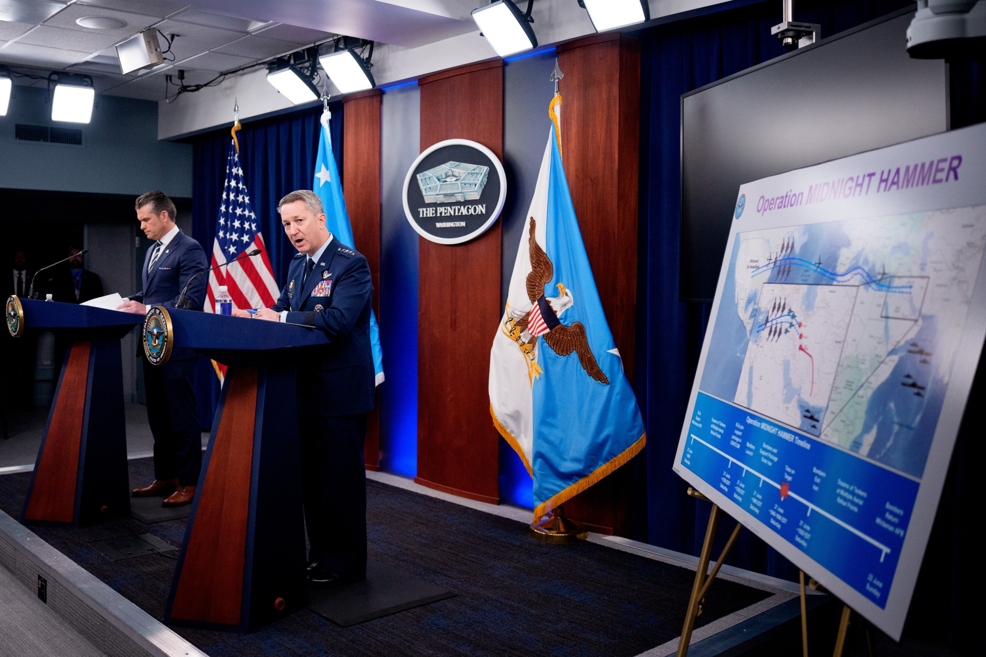Chairman of the Joint Chiefs of Staff Air Force Gen. Dan Caine with Pete Hegseth at the Pentagon on June 22.