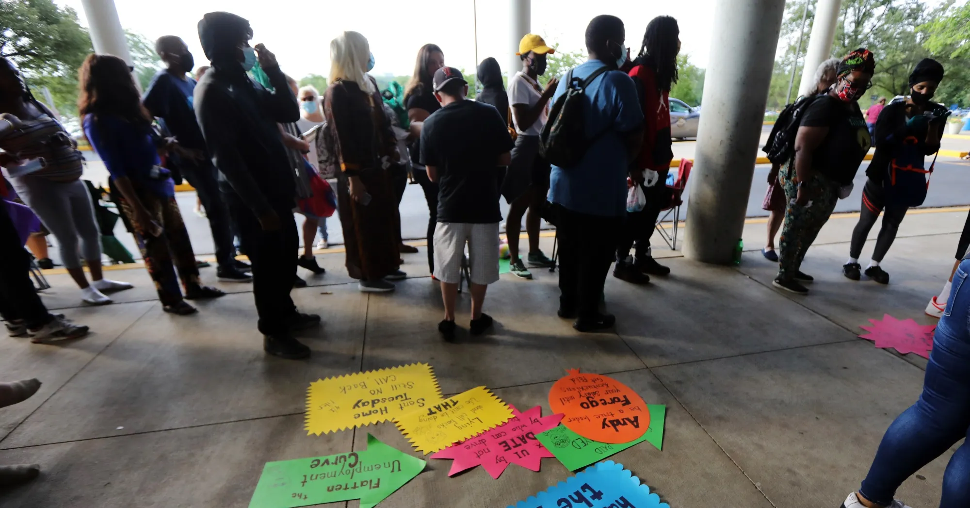 People wait in an unemployment line&nbsp;on&nbsp;June 19 in Frankfort, Kentucky.