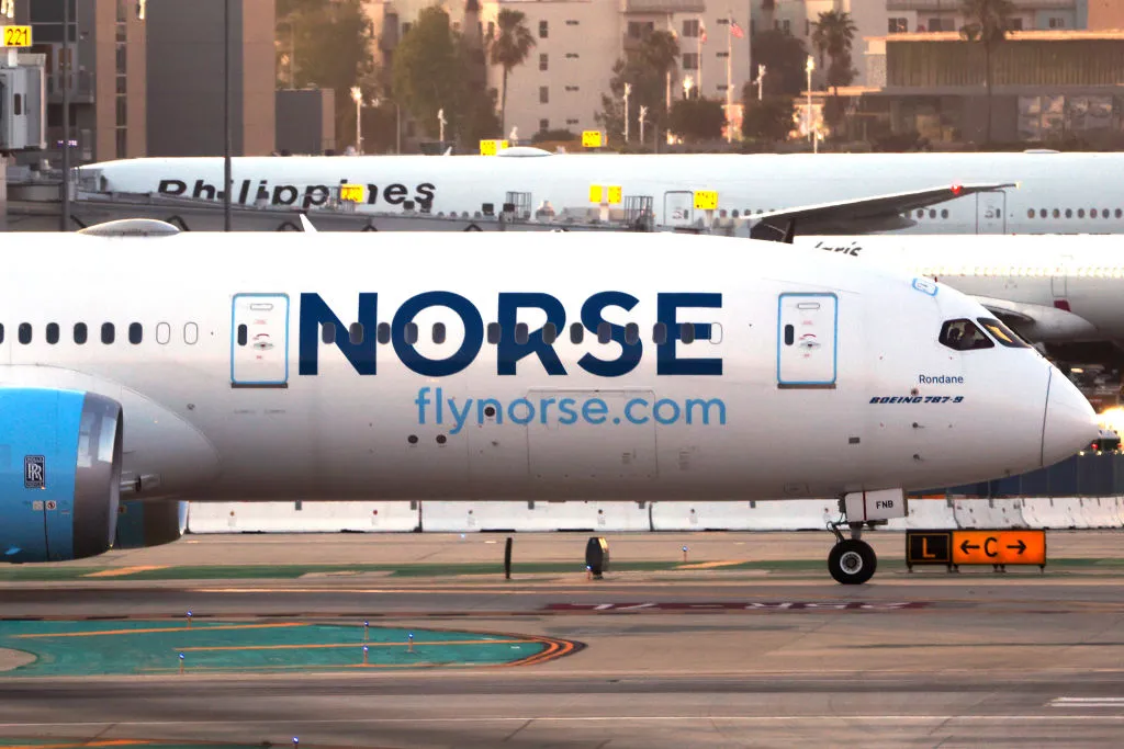 A Norse Atlantic Airways Boeing 787-9 Dreamliner aircraft taxis at Los Angeles International Airport.