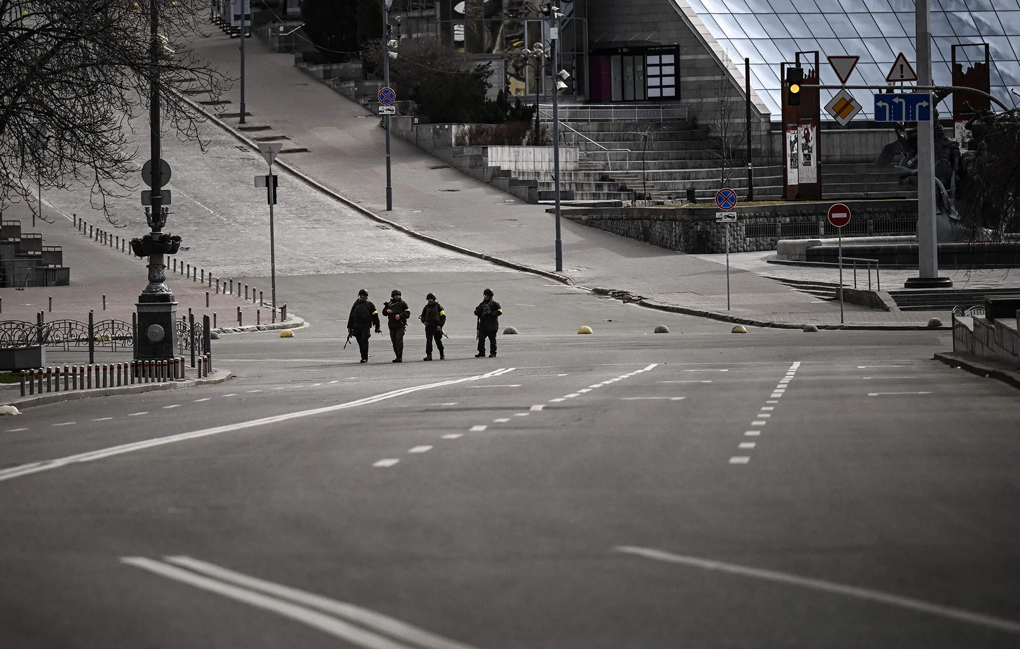Members of Ukrainian forces patrol the streets at Maidan square in Kyiv, on Feb. 27.