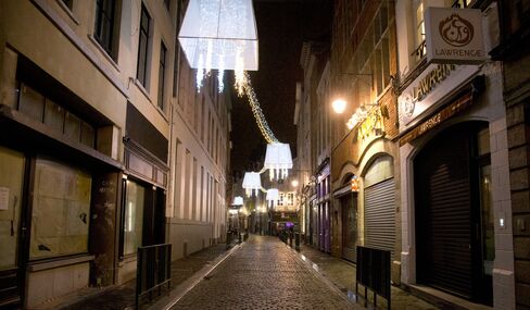 An empty street near the Grand Place in the center of Brussels
