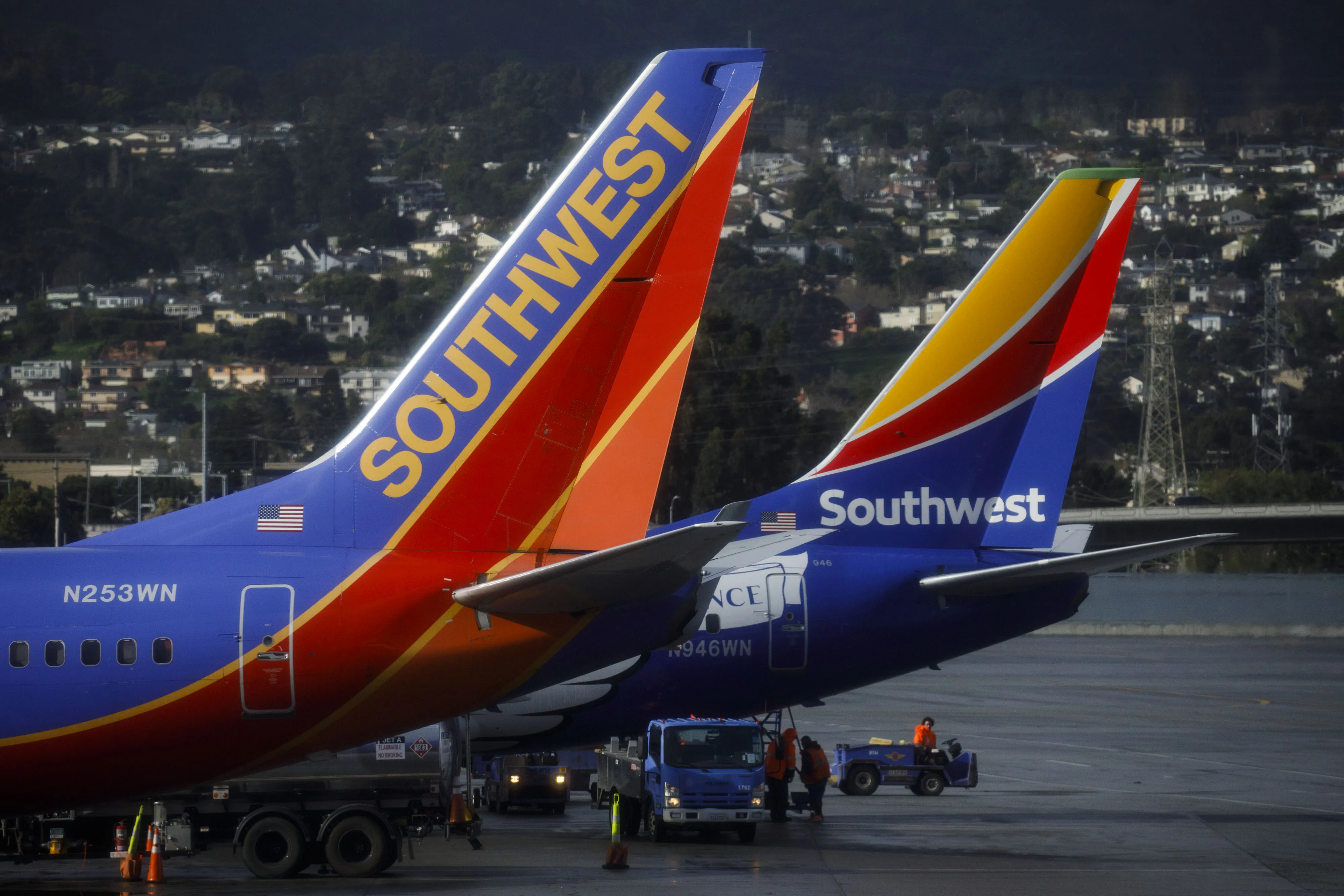 Southwest Airlines Co. Boeing Co. 737 aircrafts taxi on the tarmac at San Francisco International Airport.
