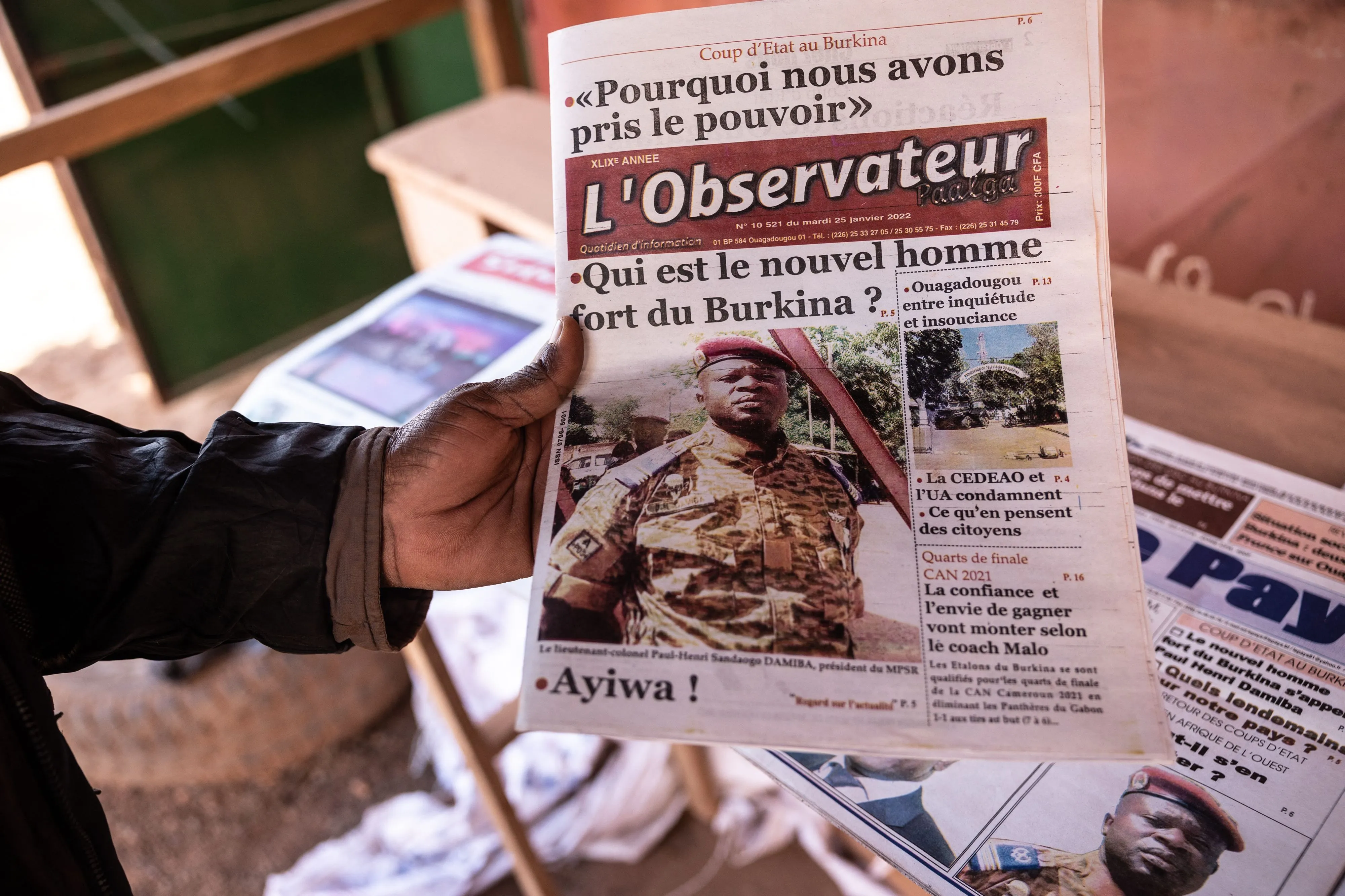 A newspaper featuring new apparent leader, Lt. Col. Paul Henri Sandaogo Damiba, in Ouagadougou, Burkina Faso, on Jan. 25.