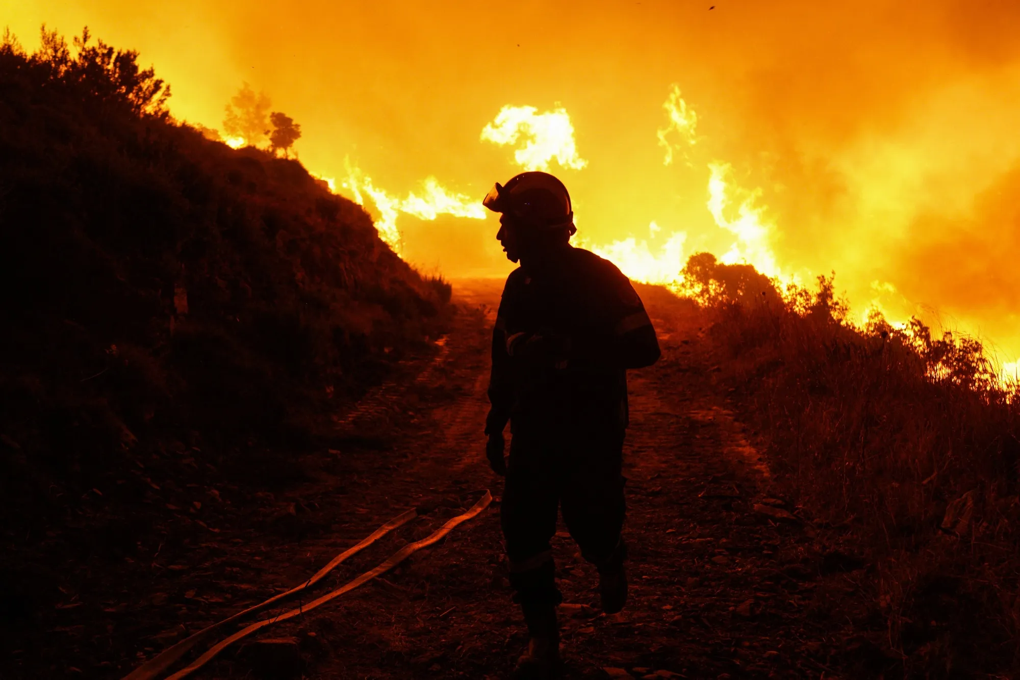 A firefighter at the scene of a wildfire in Dionysos, Greece, on Monday, Aug. 12, 2024.