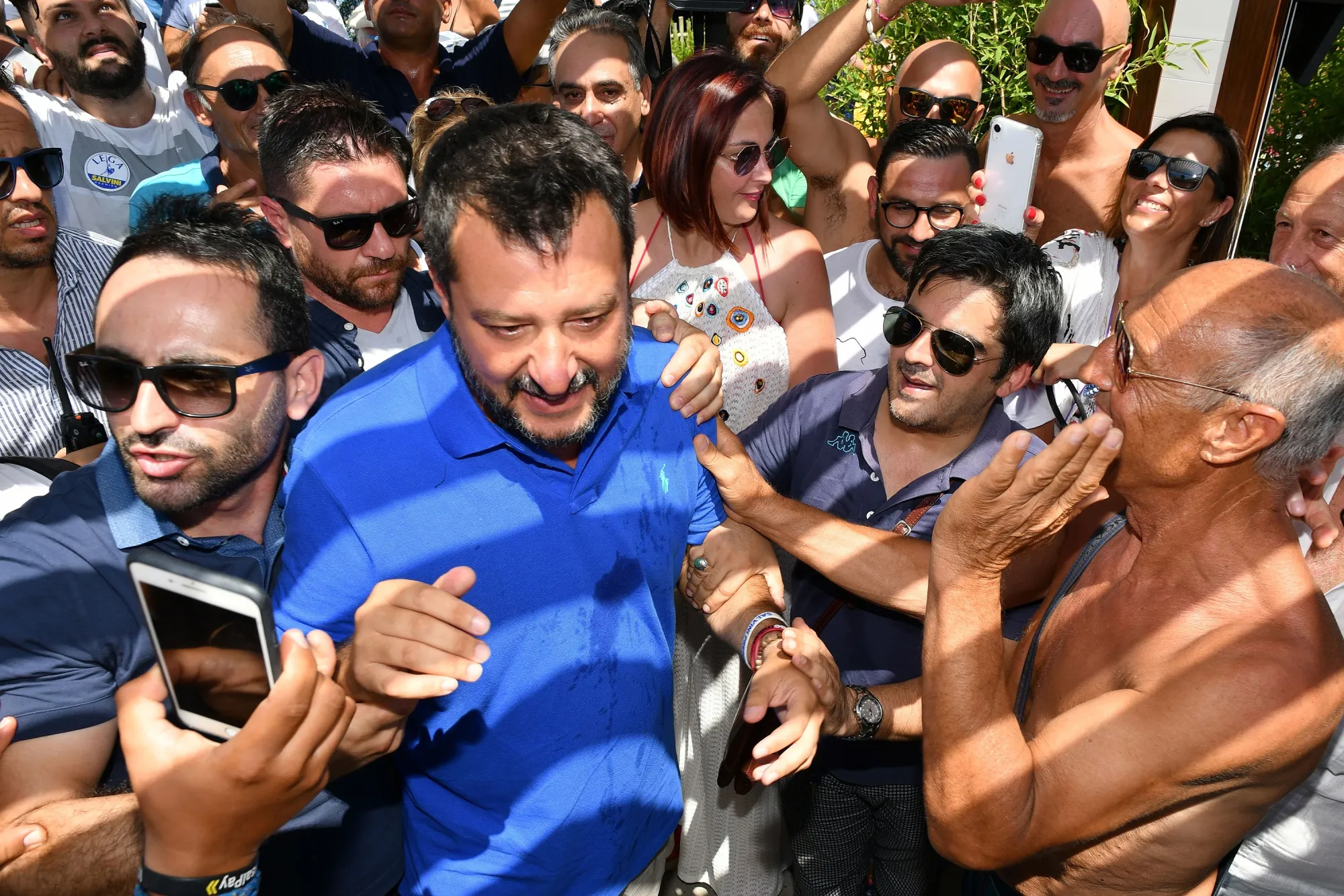 Matteo Salvini is surrounded by supporters in Policoro, Italy, on Aug.&nbsp;10, 2019.&nbsp;