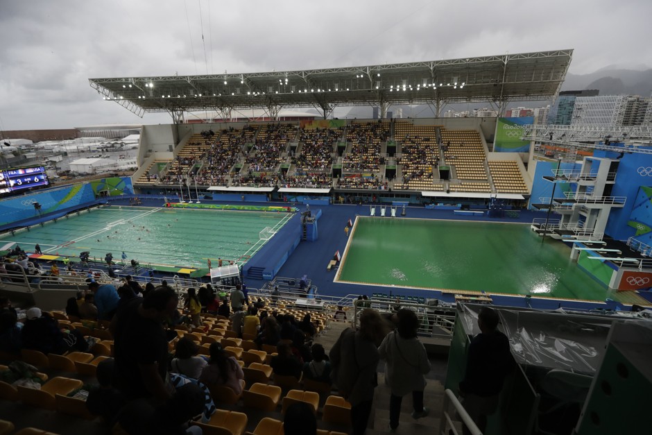 Green waters at the Maria Lenk Aquatic Center at the Rio 2016 Olympics.