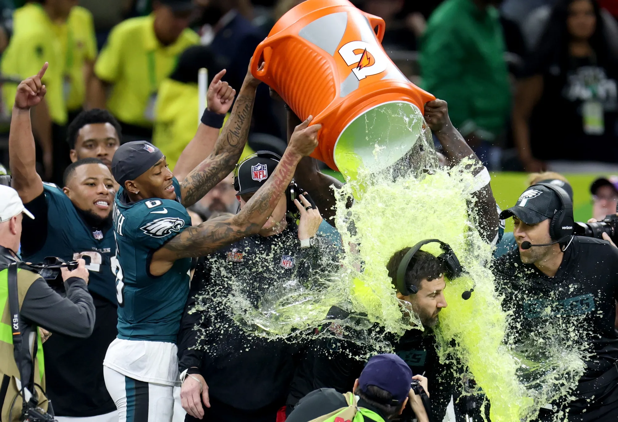 Philadelphia Eagles head coach Nick Sirianni is showered with Gatorade during Super Bowl LIX.