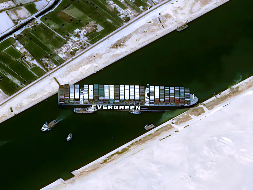The Ever Given container vessel blocks the Suez Canal on March 25.