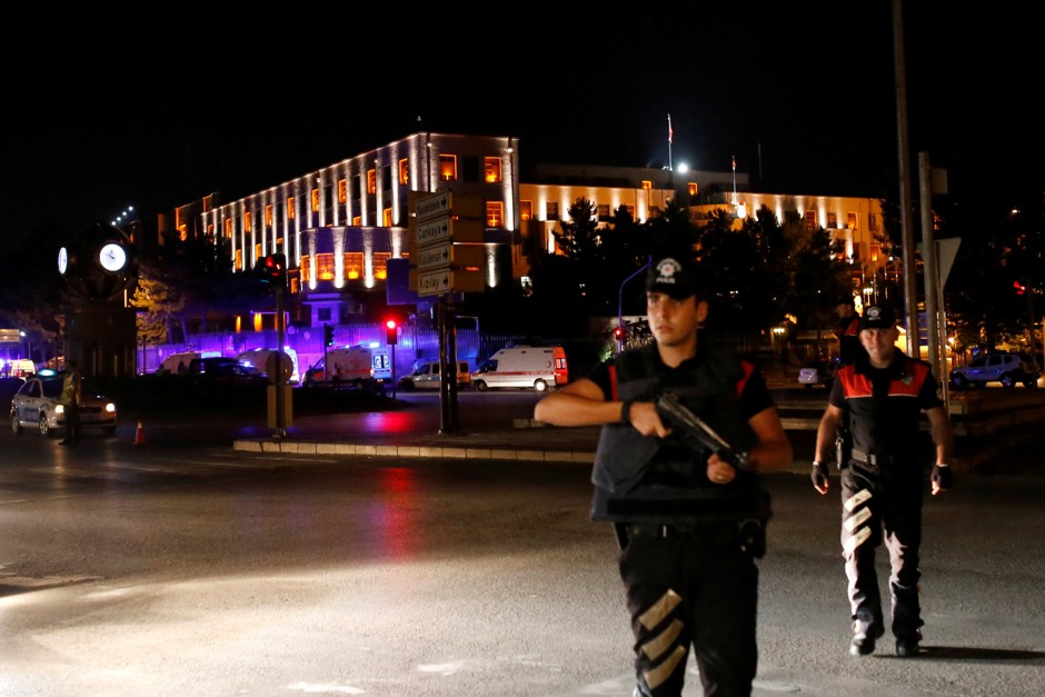 Police guards near the Turkish military headquarters in Ankara, Turkey.