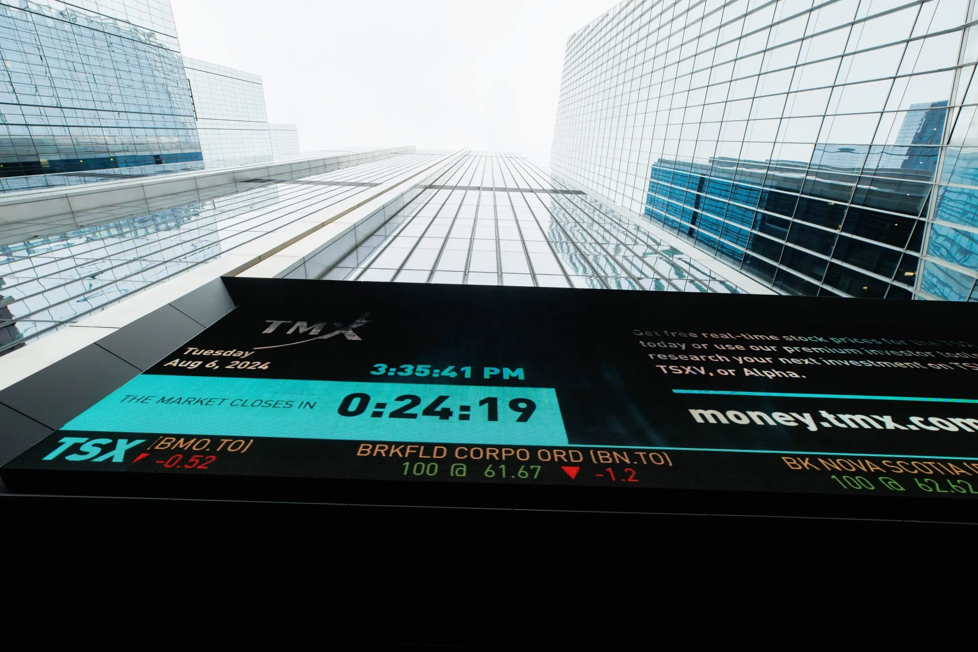 The TSX ticker on the outside of the TMX Group headquarters in the financial district of Toronto.