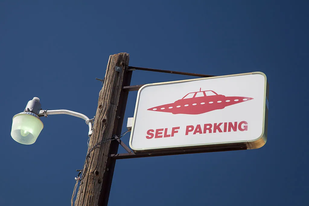 Parking sign with spaceship, Rachel, Nevada, near Area 51.