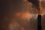 A flock of geese fly past a smokestack at the privately owned Jeffery Energy Center coal power plant near Emmitt, Kansas. 