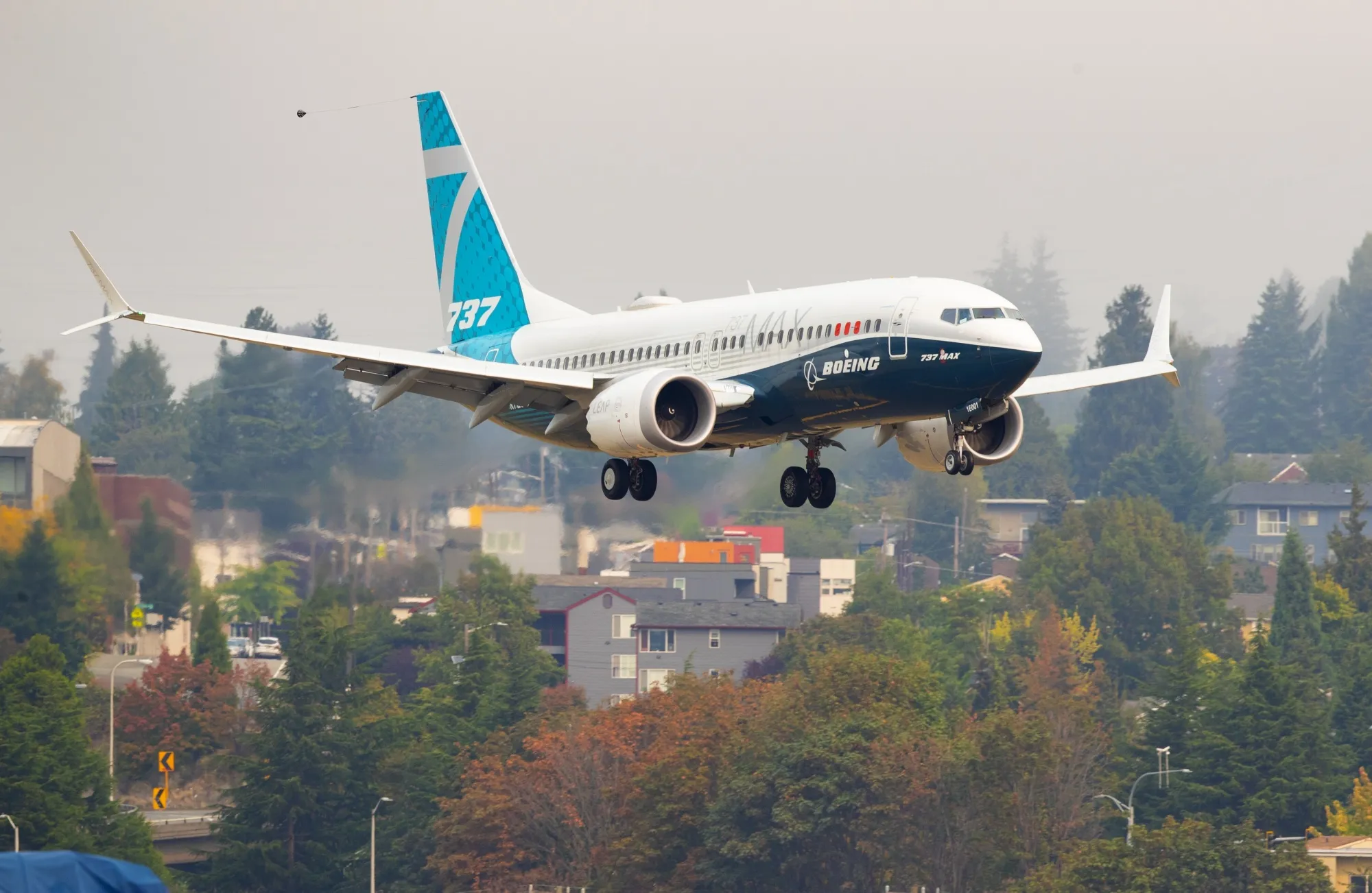 A Boeing Co. 737 Max airplane prepares to land after a test flight in Seattle, Washington.