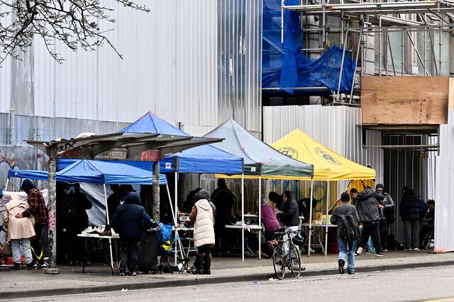 Health care and preventative care tents line East Hastings street in Vancouver's downtown east side. 