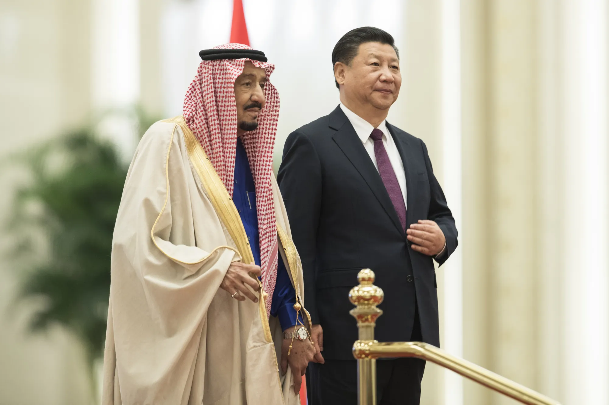 Xi Jinping and King Salman bin Abdulaziz Al Saud inside the Great Hall of the People on March 16.
