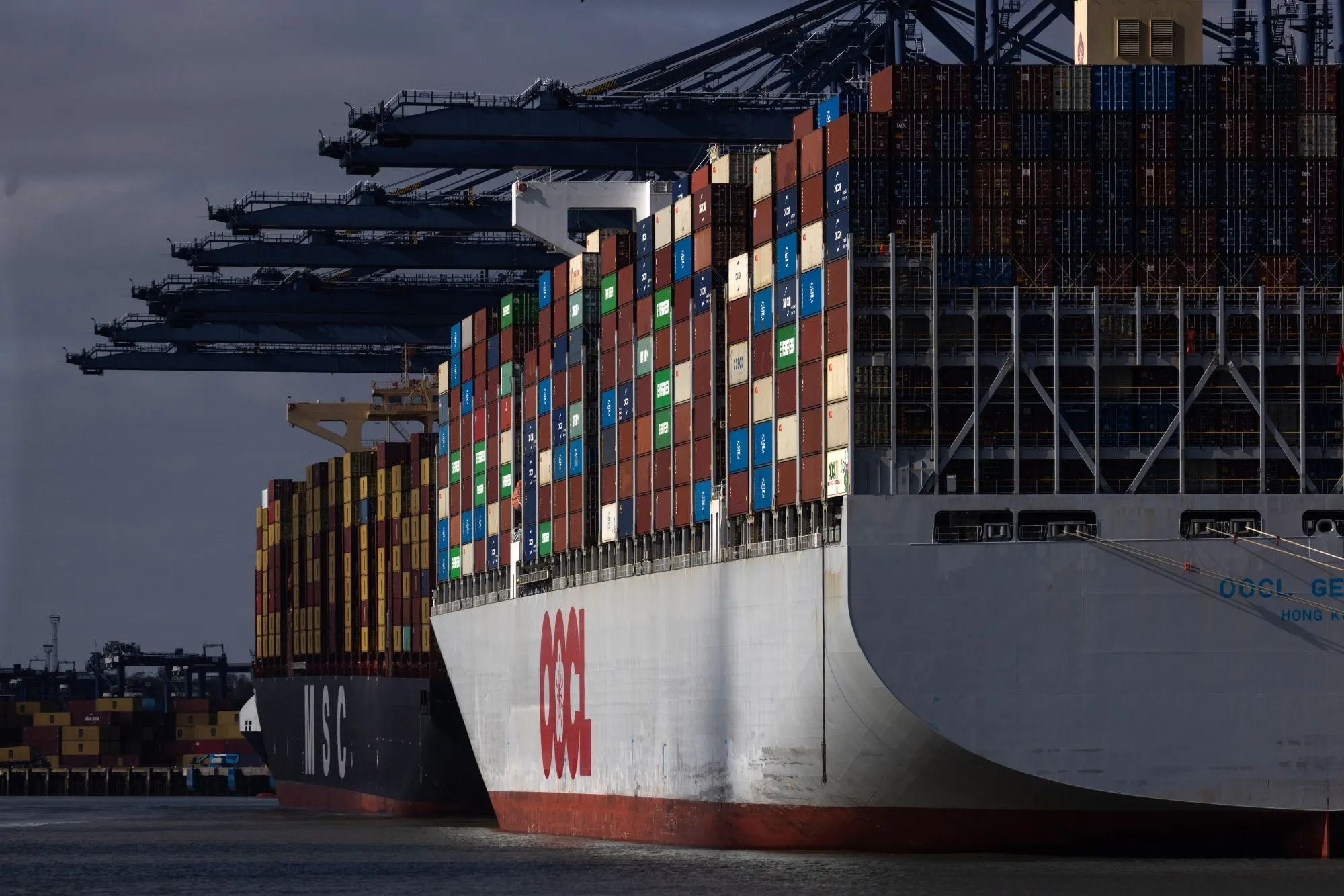 Loaded container ships at Felixstowe port in Felixstowe, UK.