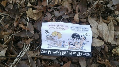 Leaflet showing a cartoon of a near-naked Park Geun Hye smooching with Barack Obama and Shinzo Abe