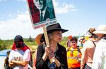 Jane Fonda marches with demonstrators during protest in Clearwater County, Minnesota, June 7, 2021.