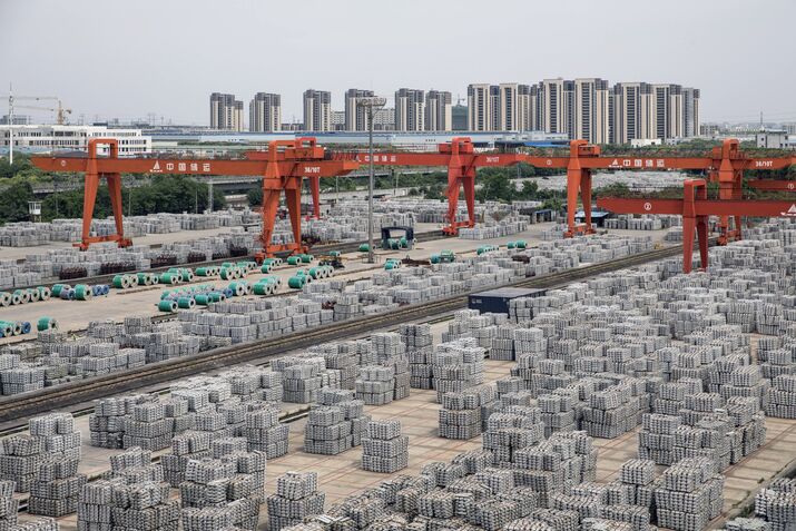 Aluminum Stockpiles at a Depot as China's Trade Shows Economic Recovery Tested by Global Slowdown