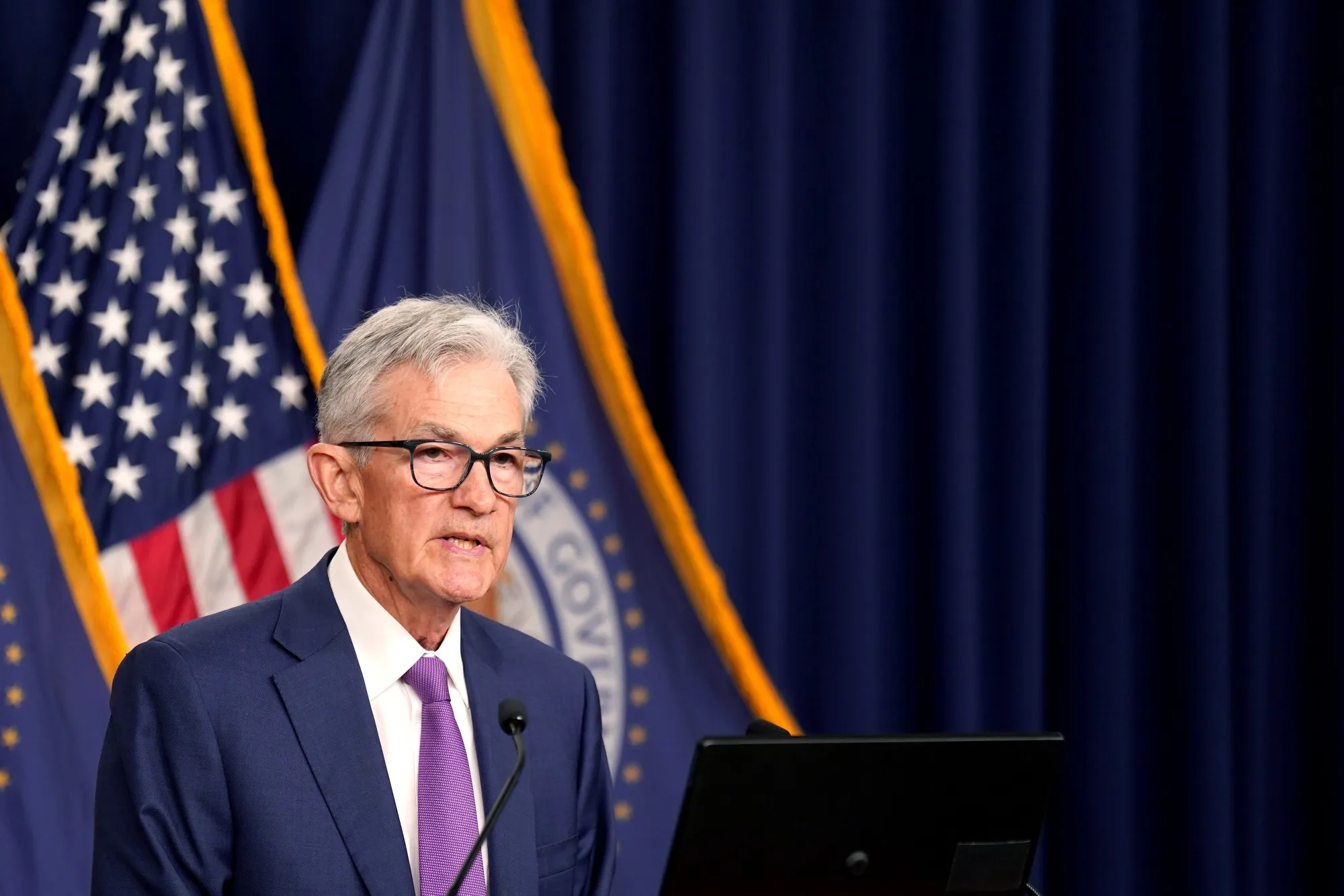 Chair Jerome Powell faces reporters in Washington after the Federal Reserve’s policy announcement.